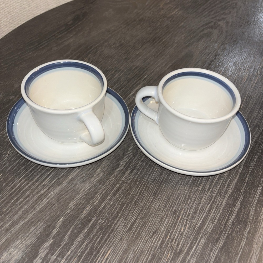 PFALTZGRAFF coffee tea cups mugs saucers stoneware set of 2 White & blue
